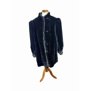 Borgazia Faux Fur Coat Vintage Women's L/XL Black with Brown Trim NO BELT 70 80s